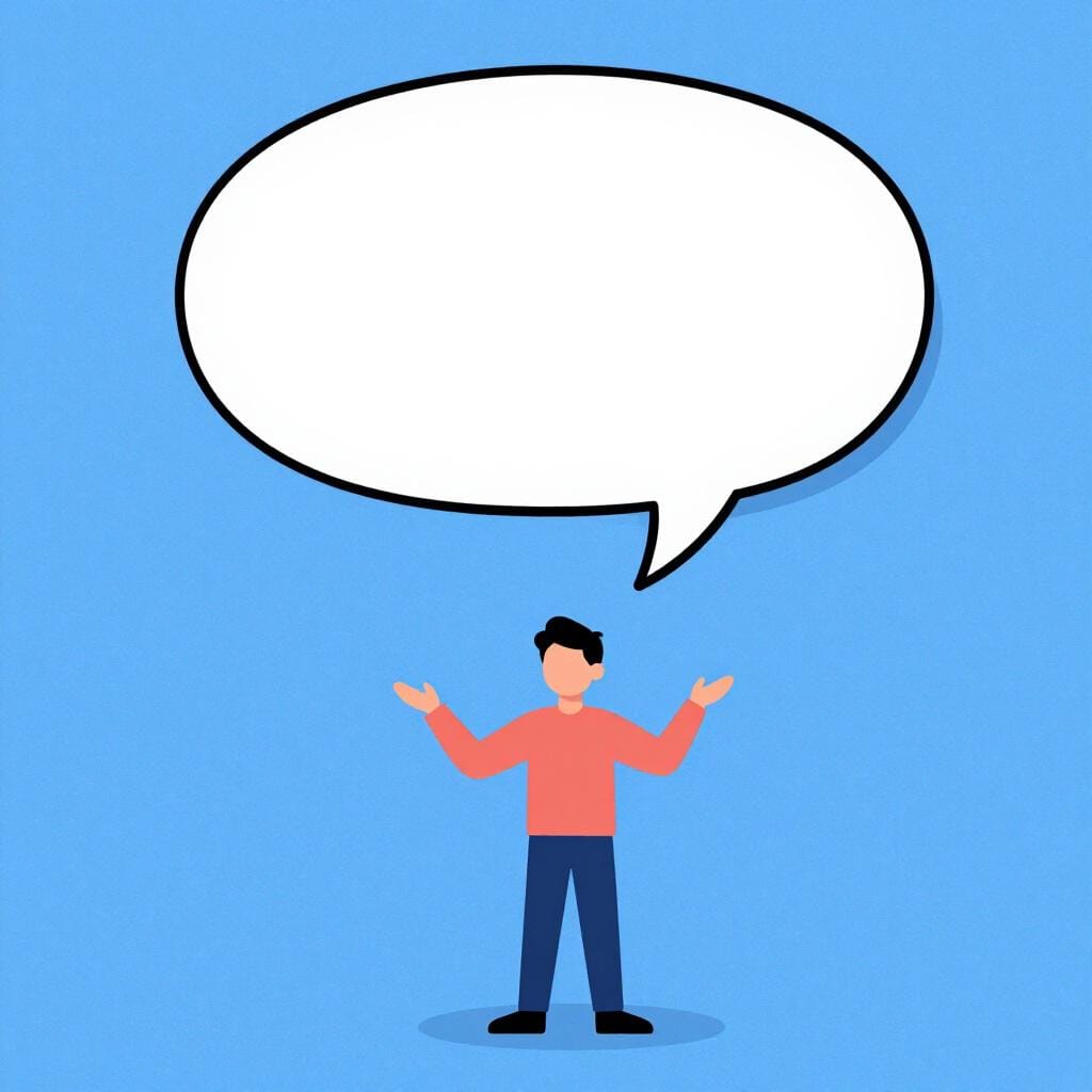 Un'illustrazione di un libro di fiabe di una persona in piedi da sola e gesticolando con sicurezza verso l'esterno con le mani aperte, con un grande fumetto vuoto e luminoso che fluttua sopra di loro, a rappresentare il momento in cui i propri pensieri diventano chiari.