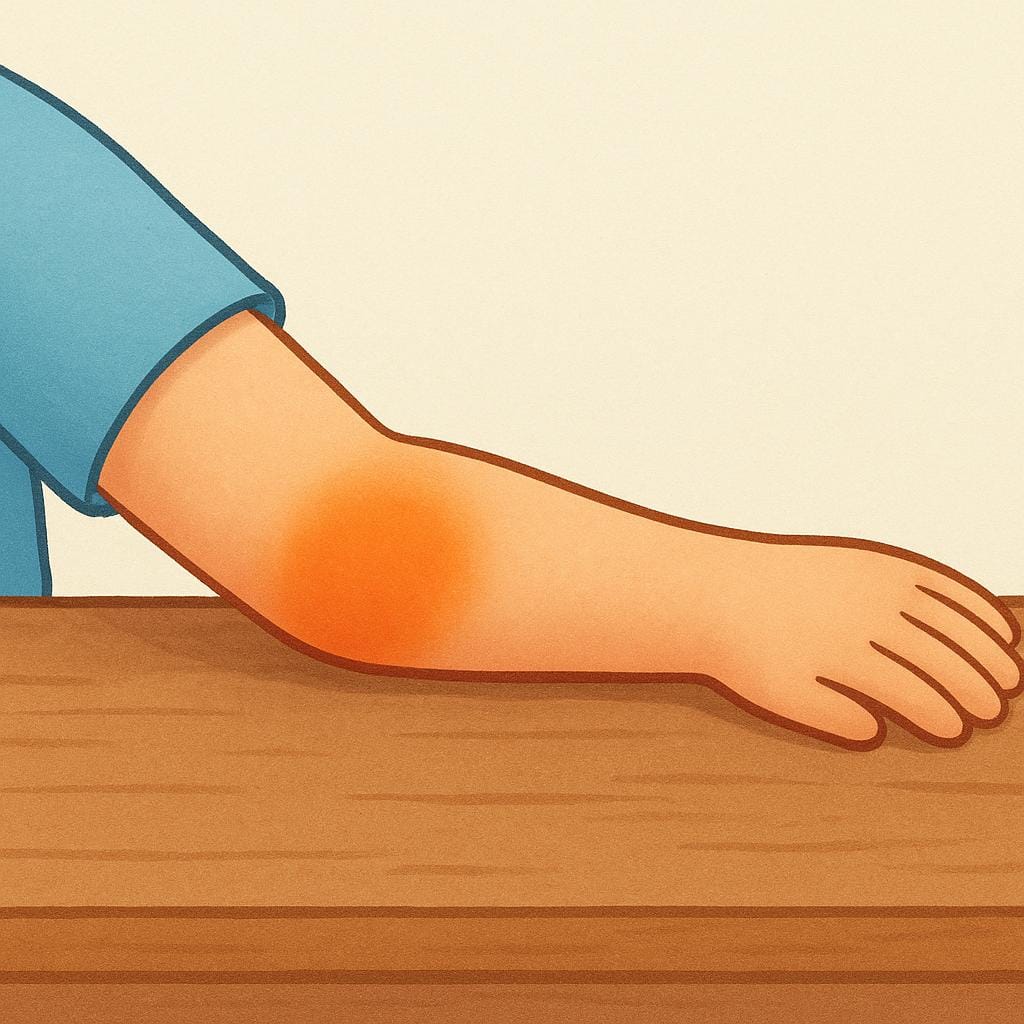 A simple storybook illustration of a human arm with the elbow section distinctly highlighted in a contrasting color, emphasizing that specific localized area.