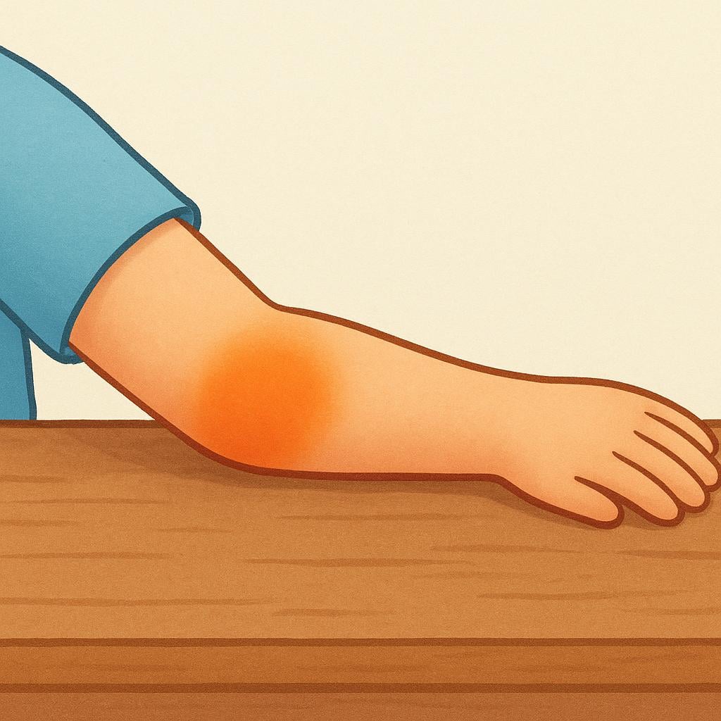 A simple storybook illustration of a human arm with the elbow section distinctly highlighted in a contrasting color, emphasizing that specific localized area.