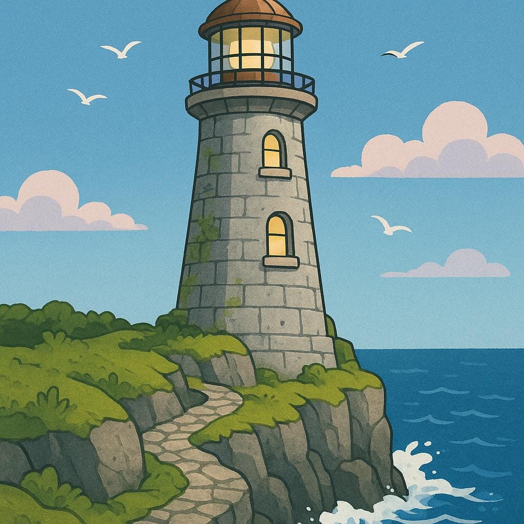 A massive, ancient stone lighthouse standing firmly on a rocky cliff overlooking the ocean, symbolizing permanence and endurance.