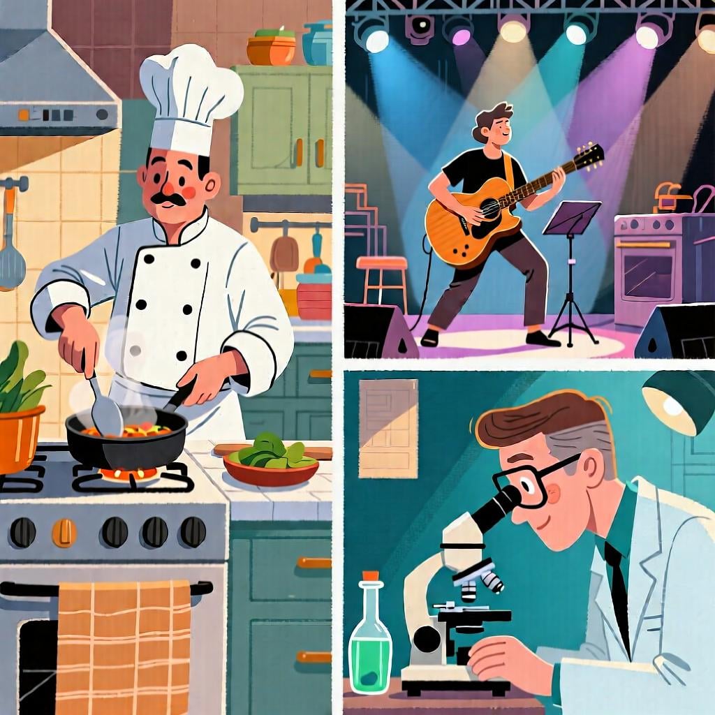 A collage showing different professional fields: a scientist in a lab, an artist painting, a business person in a meeting.