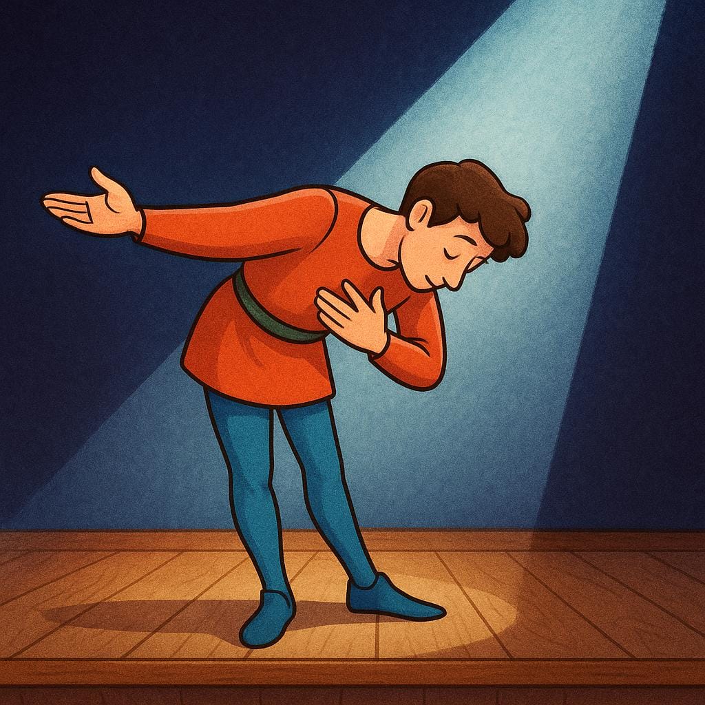 A male actor in a simple costume bowing dramatically on a stage illuminated by a single spotlight.