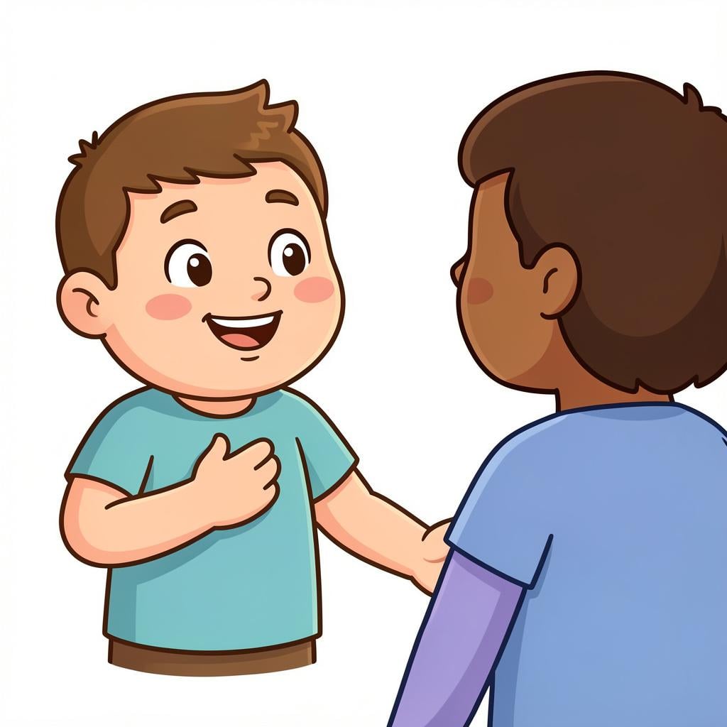 A friendly person placing a hand on their chest and smiling while greeting another person.
