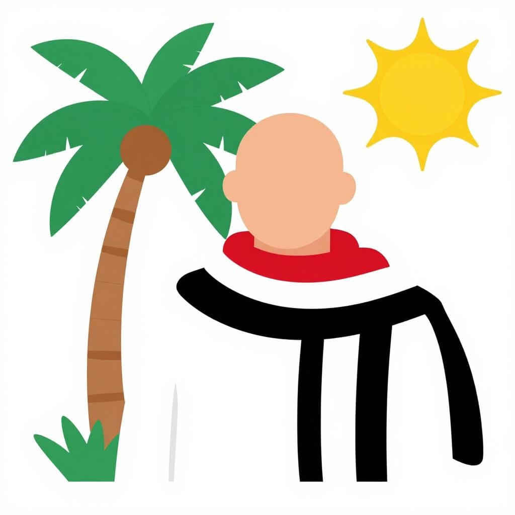 Eine Person, die einen modernen ägyptischen Flaggen-Schal trägt und vor einem Palmenbaum steht.