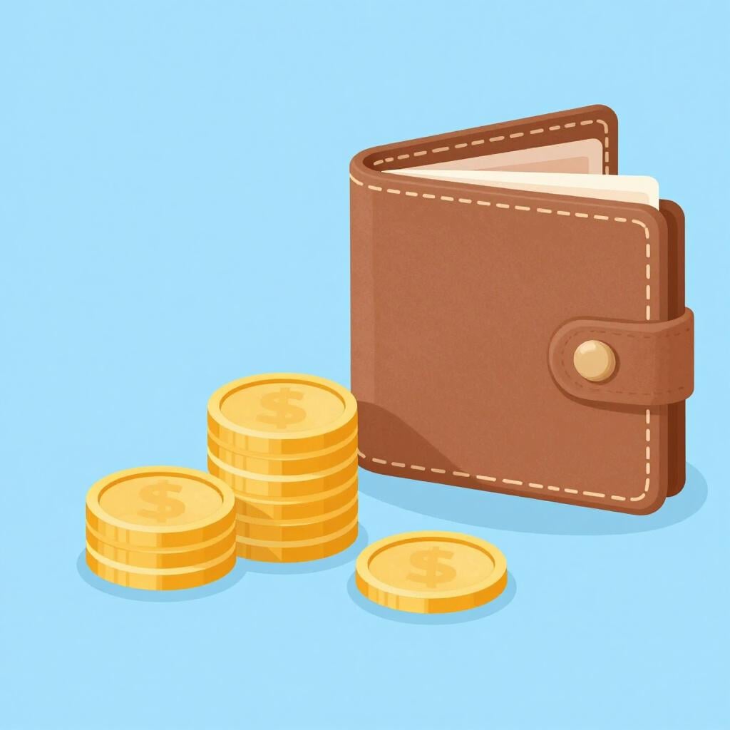 A stack of gold coins and a leather wallet on a clean surface.