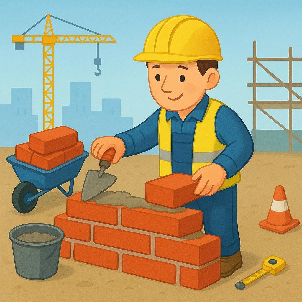 A simplified construction scene showing a brick wall being built by a single worker wearing a yellow hard hat.