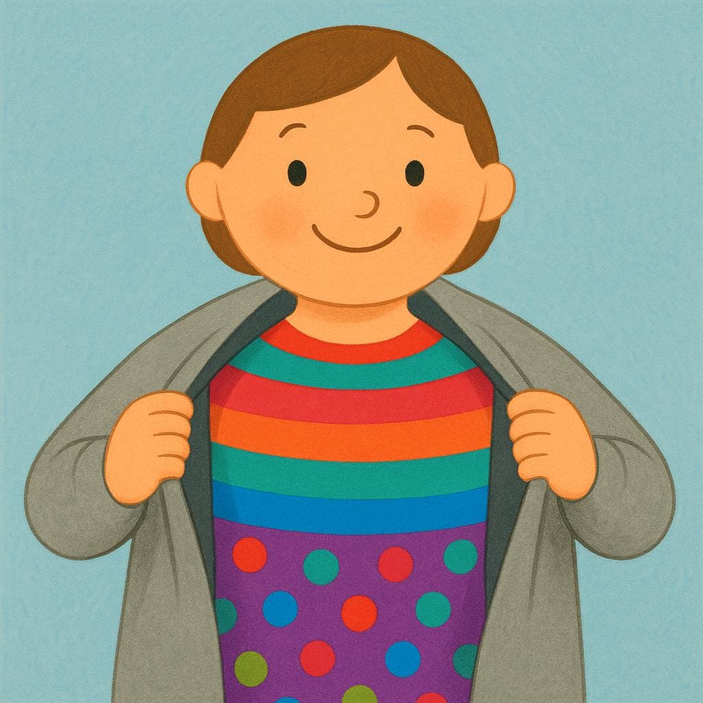 Une personne retirant doucement une couche extérieure grise et simple pour révéler un visage souriant aux couleurs vives et une tenue vibrante en dessous.