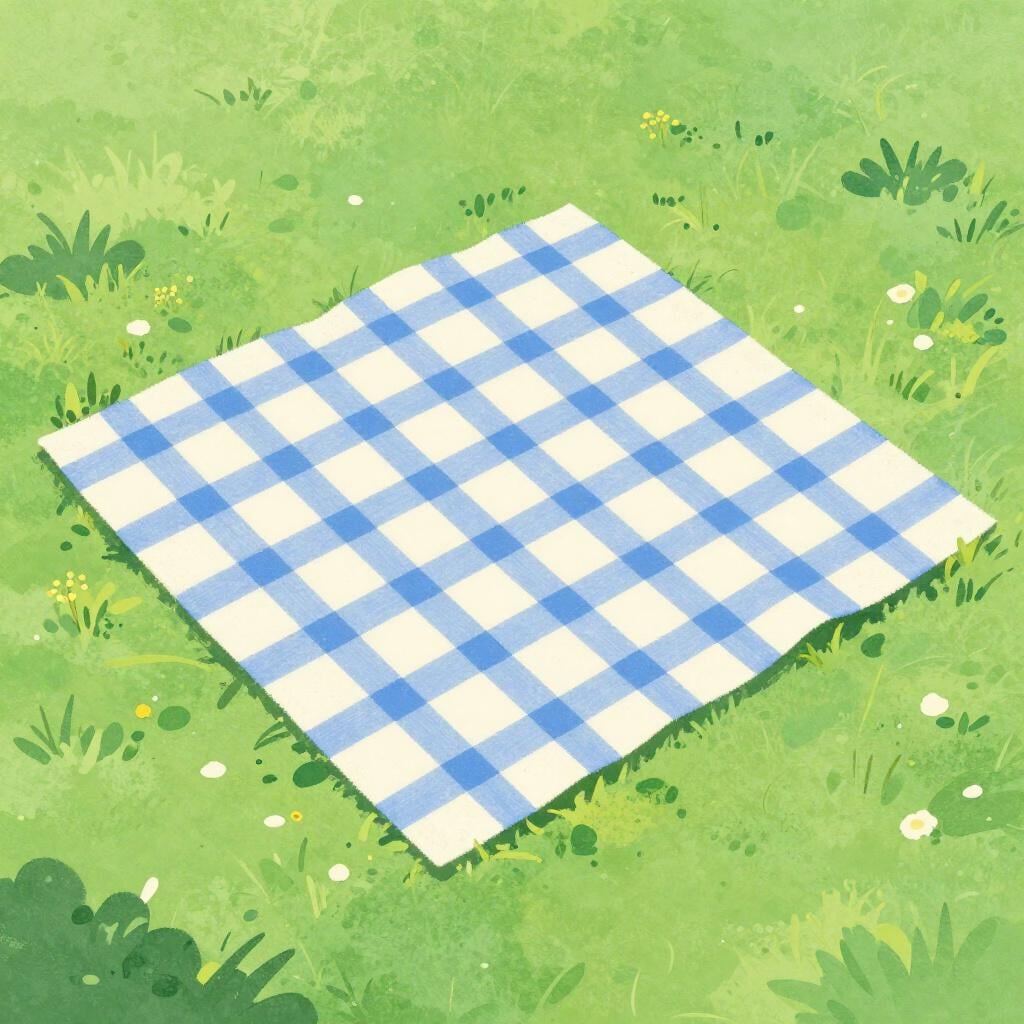 A large colorful picnic blanket spread out flat across a green grassy field.