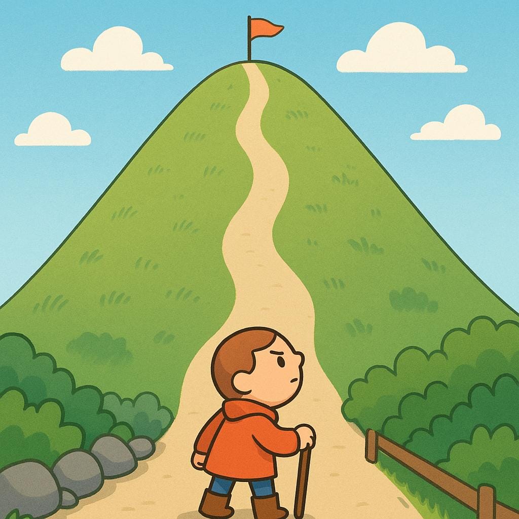A colorful storybook illustration of a determined small character standing at the base of a large, steep hill with a clearly marked, unavoidable path leading straight to the top, symbolizing necessity or obligation.