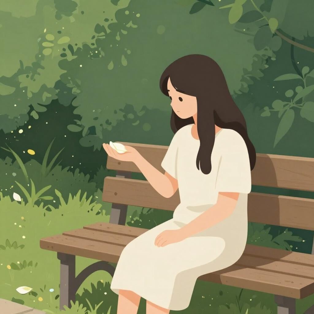 Eine einzelne Person sitzt still auf einer Bank in einem friedlichen Garten und hält ein einzelnes geschlossenes weißes Blütenblatt in stiller Einkehr, was Trauer symbolisiert.
