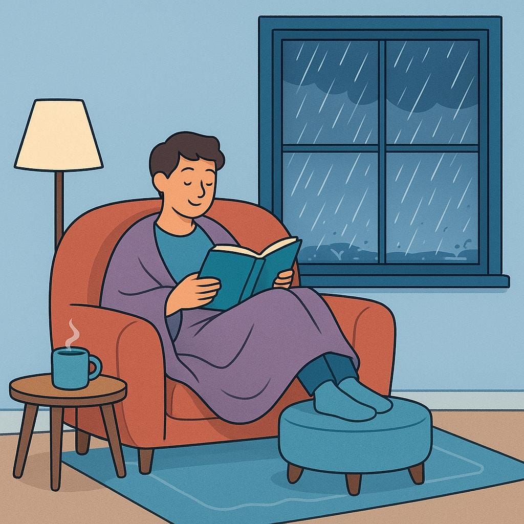 A cozy interior scene showing a person sitting on a couch reading a book, while visible through a window, rain is falling heavily outside.