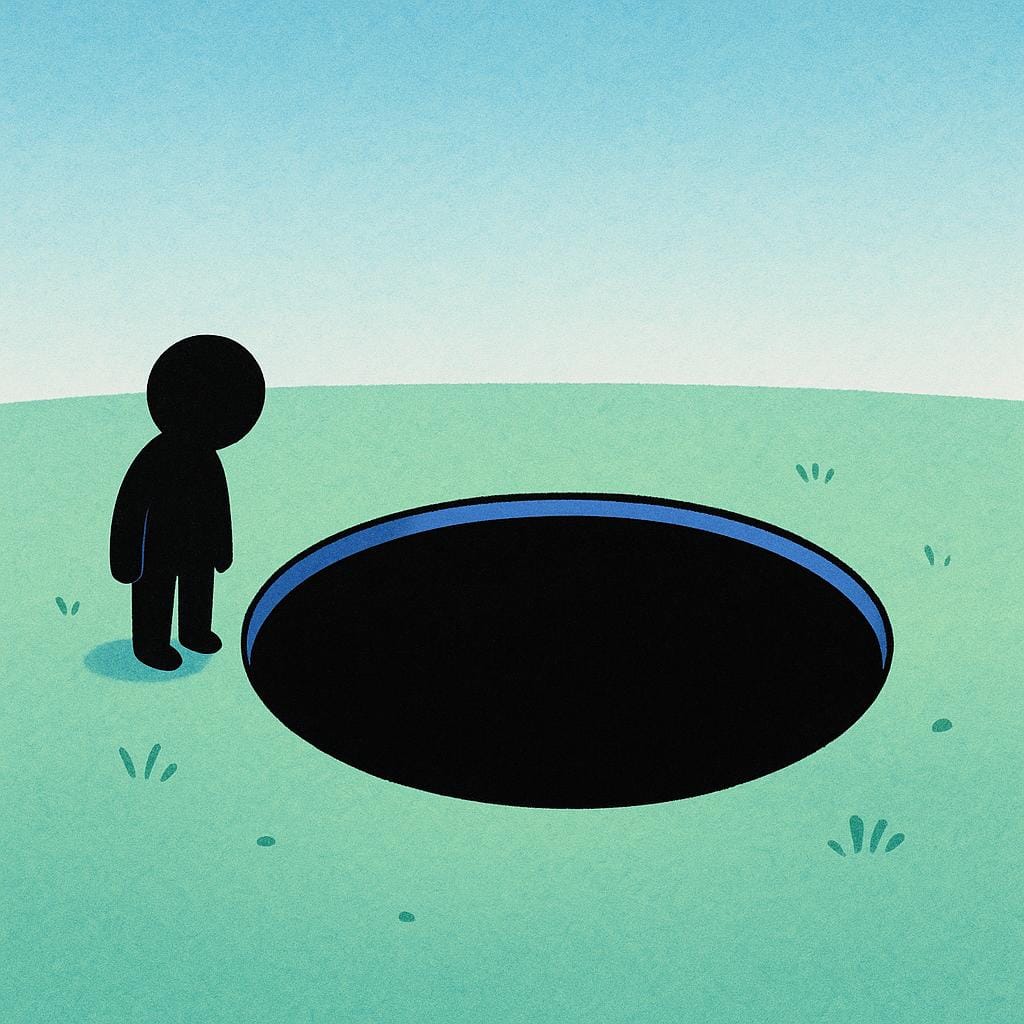 A small, simple figure standing at the edge of a large, deep, black circular hole in the ground, representing a void.