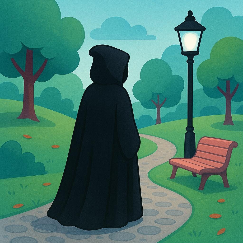 The figure of a person stands alone in a park, wearing a simple dark cloak and hood, their face obscured from view, representing a stranger.