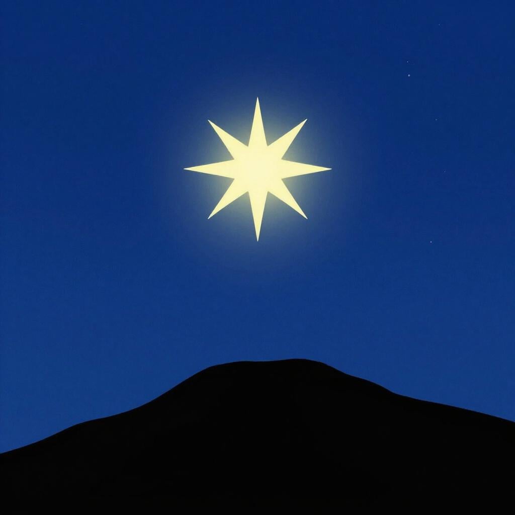 Een heldere gele ster die schijnt in de donkere nachtelijke hemel boven een simpele berg silhouet.