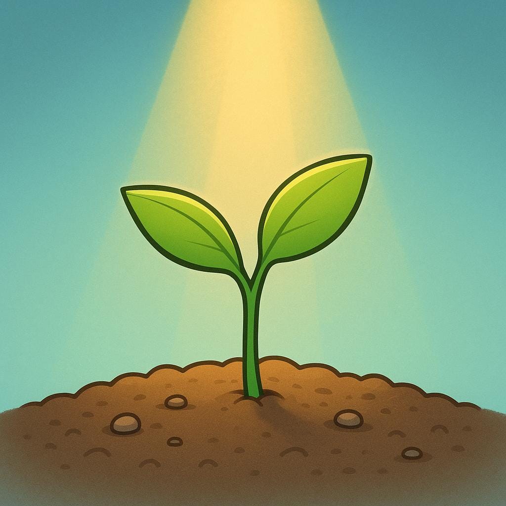 Een eenvoudige stripboekillustratie van een enkele, gezonde groene spruit die uit de grond groeit. Een zachte, gouden lichtstraal schijnt rechtstreeks op de spruit vanuit de hemel, wat een zegen of vervulde wens symboliseert.