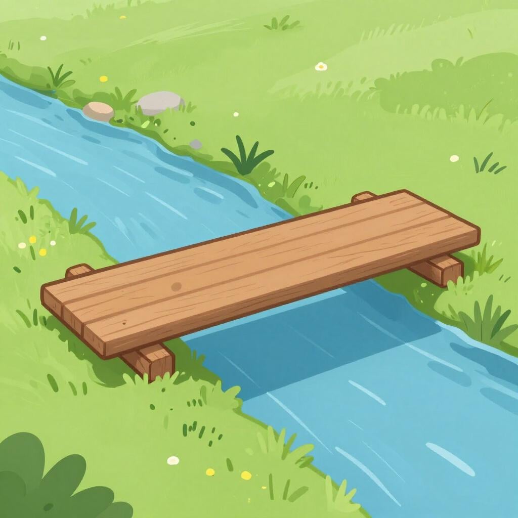 A simple bridge made of two wooden planks crossing a small blue stream in a green meadow.