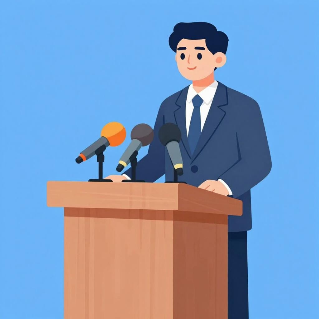 Een persoon die zelfverzekerd achter een spreekgestoelte met verschillende microfoons staat, wat een officiële woordvoerder vertegenwoordigt.