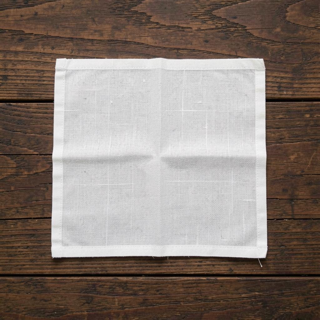 A square white linen cloth placed neatly on a wooden table.
