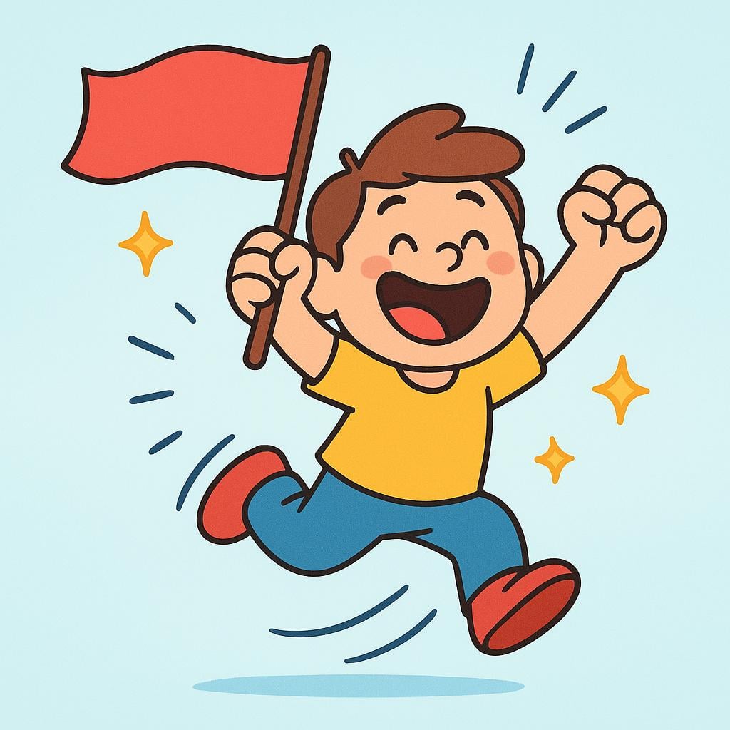 A cheerful, energetic cartoon character jumping excitedly while holding a small, bright red banner, surrounded by visual sparks of enthusiasm.