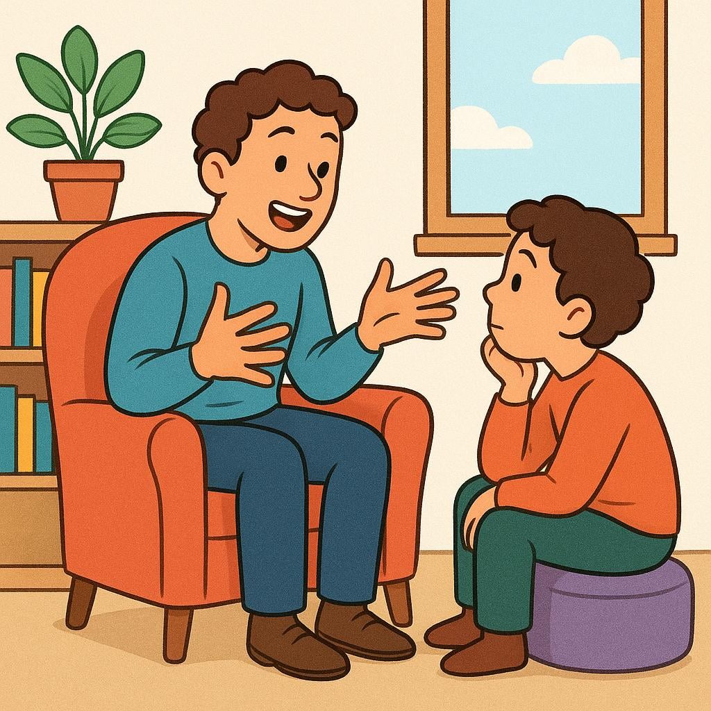 A speaker enthusiastically telling a story to a rapt listener seated opposite them.