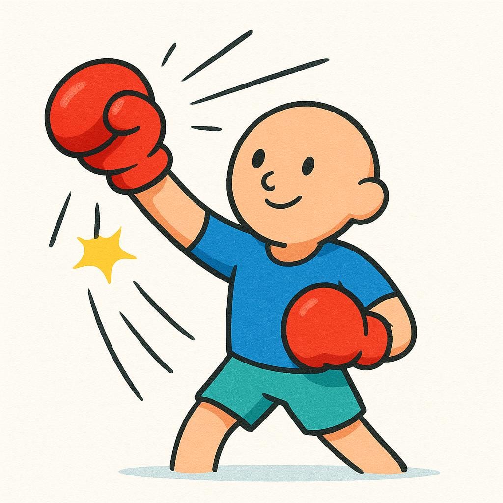 A single figure wearing red boxing gloves actively throwing a strong punch into the air.