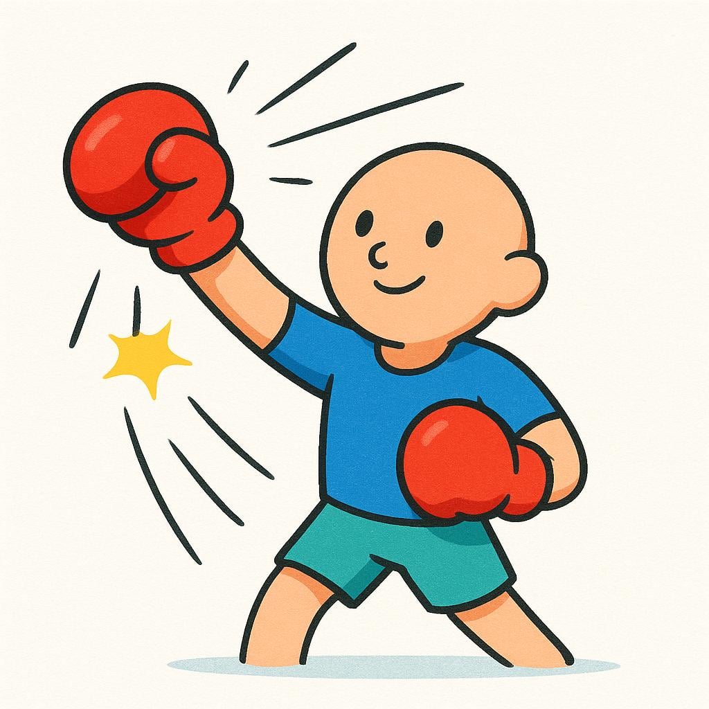 A single figure wearing red boxing gloves actively throwing a strong punch into the air.