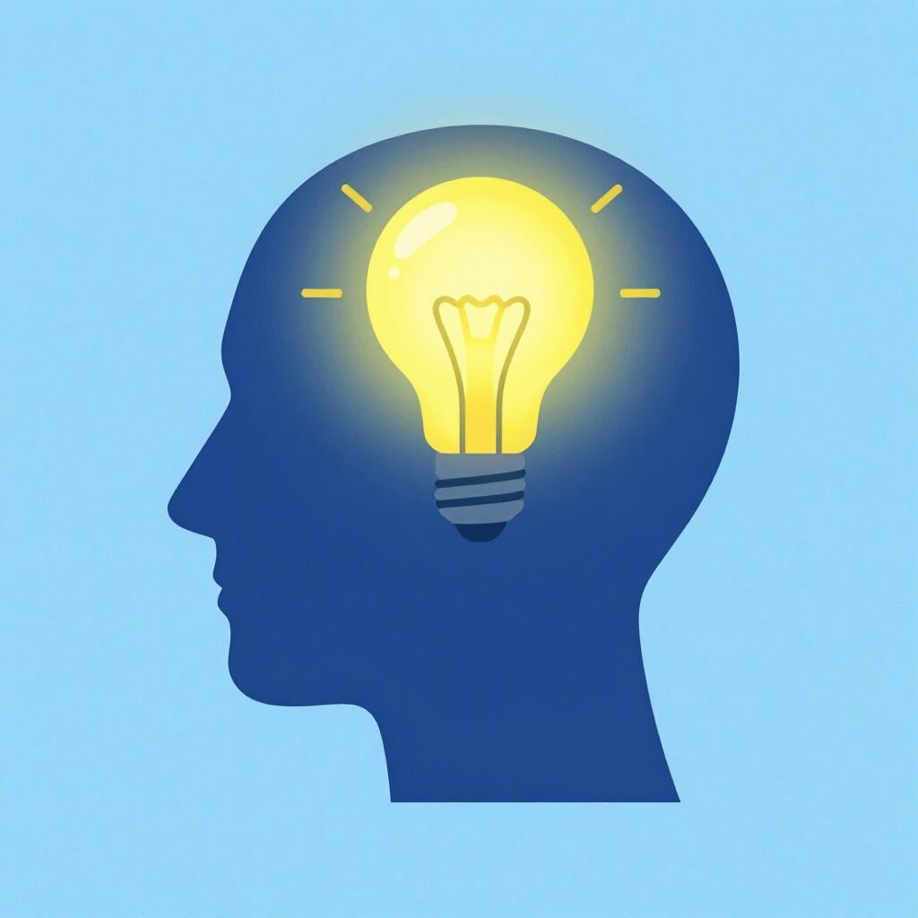 A glowing lightbulb inside a simple silhouette of a human head to represent thought.