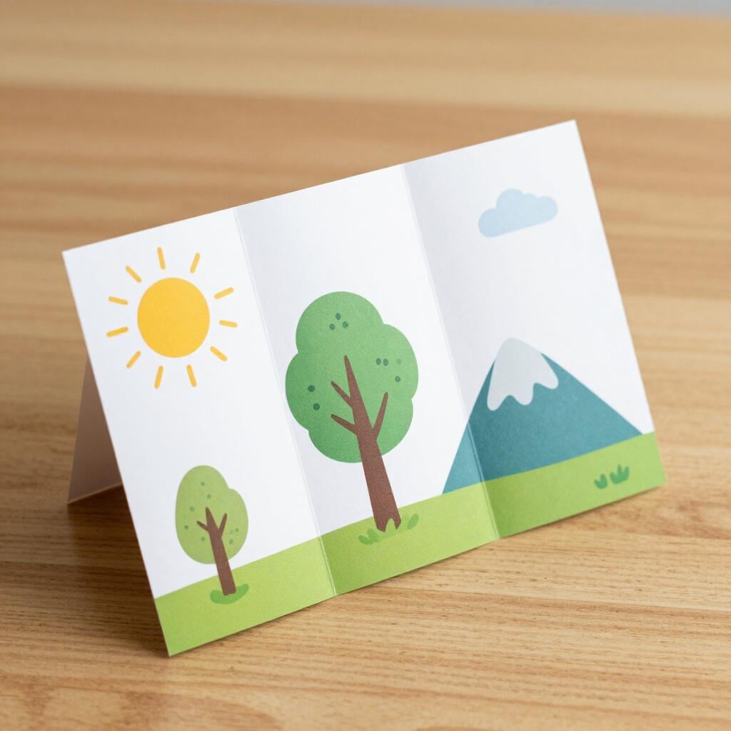 Um documento colorido de papel dobrado em três, mostrando imagens da natureza e destinos de viagem.