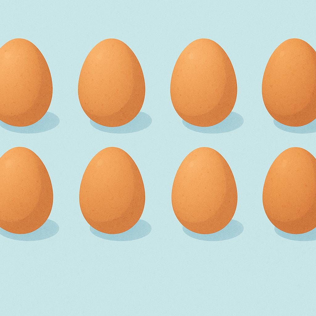 Twelve simple, whole brown eggs arranged neatly in two rows of six on a light surface.