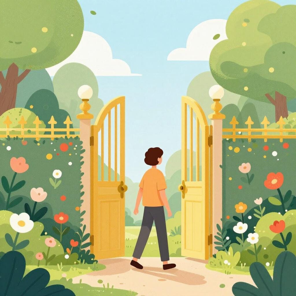 Una persona accolta attraverso un cancello dorato in un bellissimo e lussureggiante giardino privato mentre altri osservano da lontano.