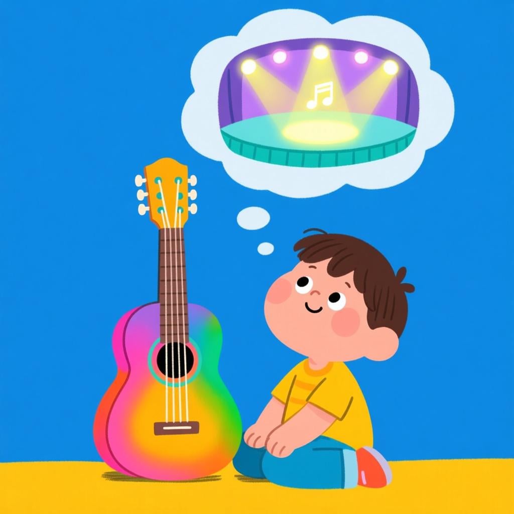 A young person sitting next to a guitar, looking up at a bright thought bubble showing a simplified, glowing musical stage, symbolizing potential ability.
