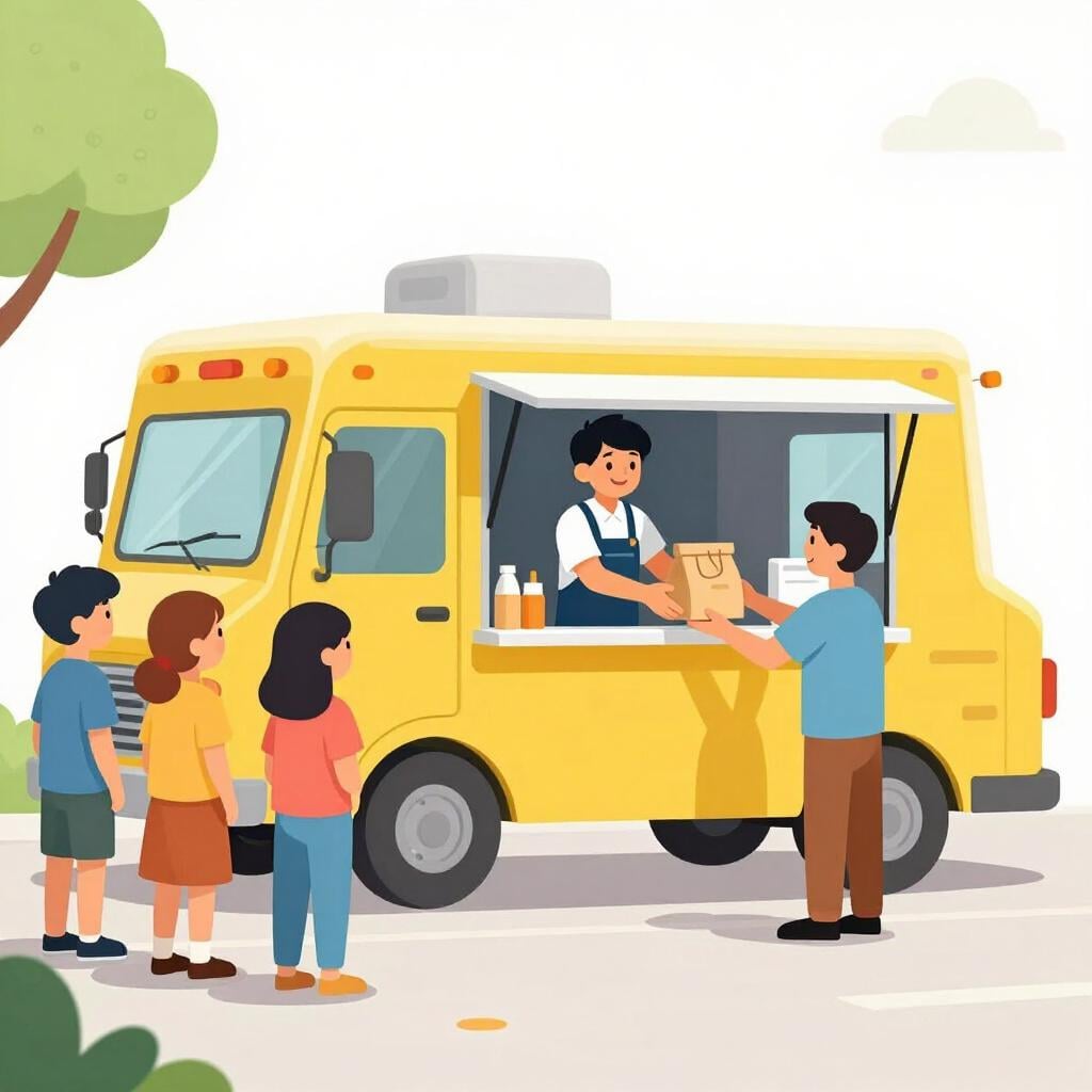 A colorful food truck serving customers on a busy city street, representing a product being brought to the public.