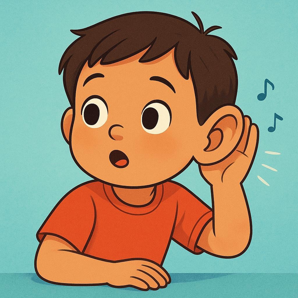 A colorful storybook illustration depicting a child cupping their hand behind their ear, leaning forward slightly, showing intense concentration on listening.