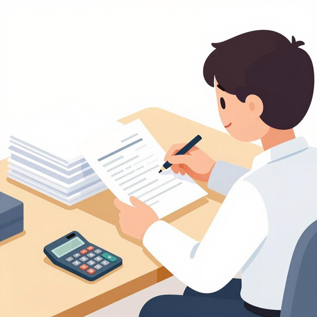 A friendly person wearing glasses sitting at a desk with a stack of papers and a small calculator.