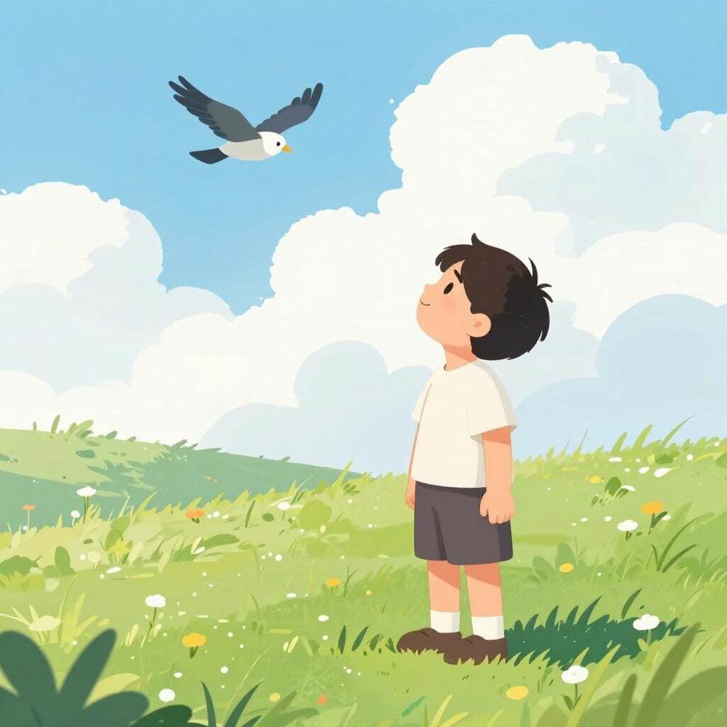 Een persoon die omhoog kijkt naar een vogel die wegvliegt in de wolken.