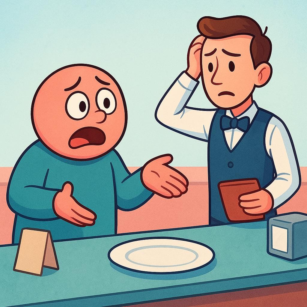 Uma figura de desenho animado com uma expressão angustiada em um balcão, gesticulando dramaticamente para um prato vazio enquanto fala com um garçom confuso, ilustrando o ato de reclamar.
