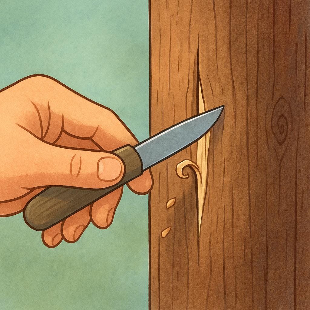 Een close-up van een hand die een scherp gereedschap vasthoudt en een zichtbare, eenvoudige lijn in de zijkant van een houten paal snijdt.