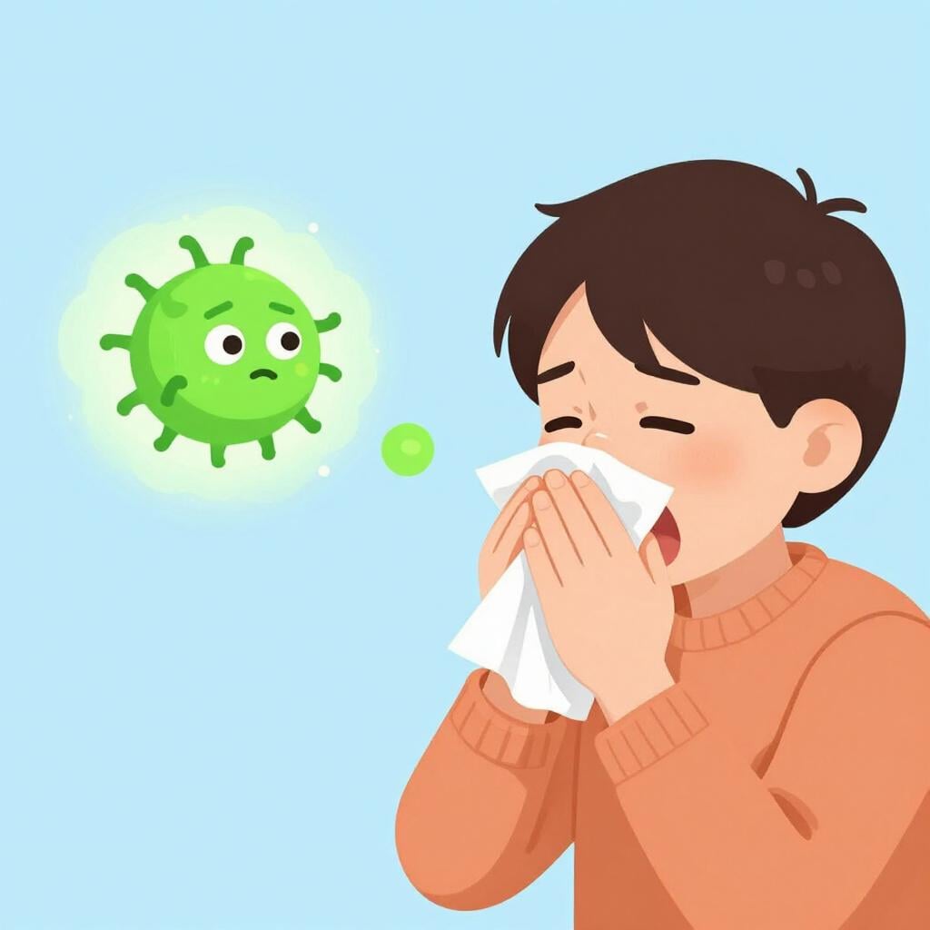 A green cartoon germ cloud floating near a person sneezing into a tissue.