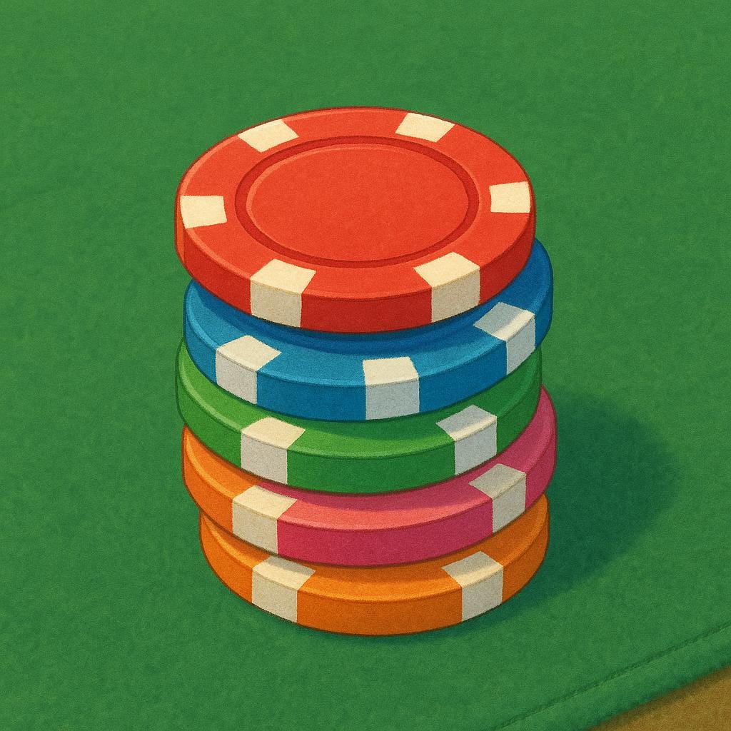 A stack of colorful poker chips placed in the center of a green gaming table, representing a wager.