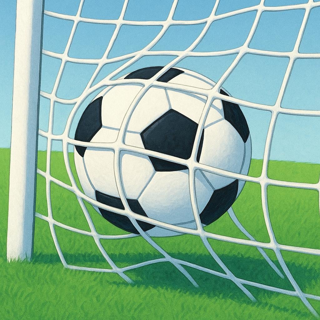 A black and white soccer ball hitting the back of a brightly colored goal net, clearly indicating a score has been made.