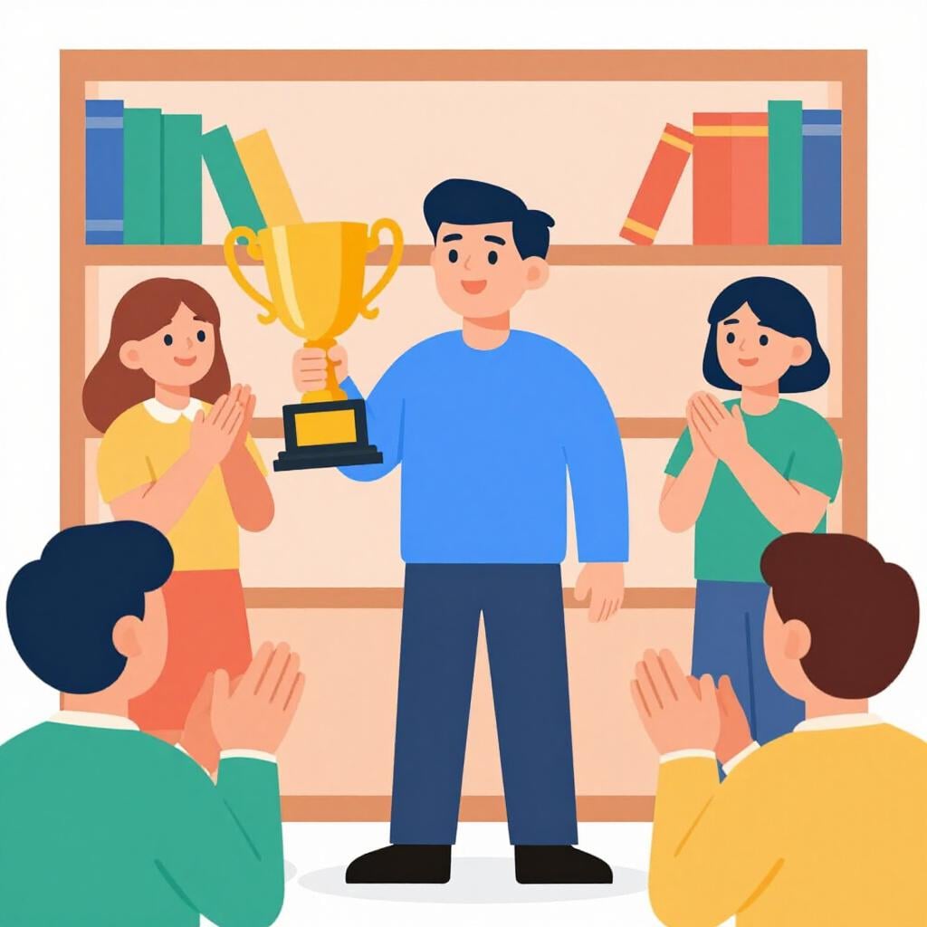 A distinguished professor standing in front of a large bookshelf, holding a trophy and being applauded by others.