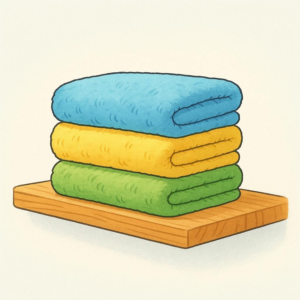Ein bunter Stapel gefalteter blauer, gelber und grüner Handtücher, die ordentlich auf einem Holzregal liegen.