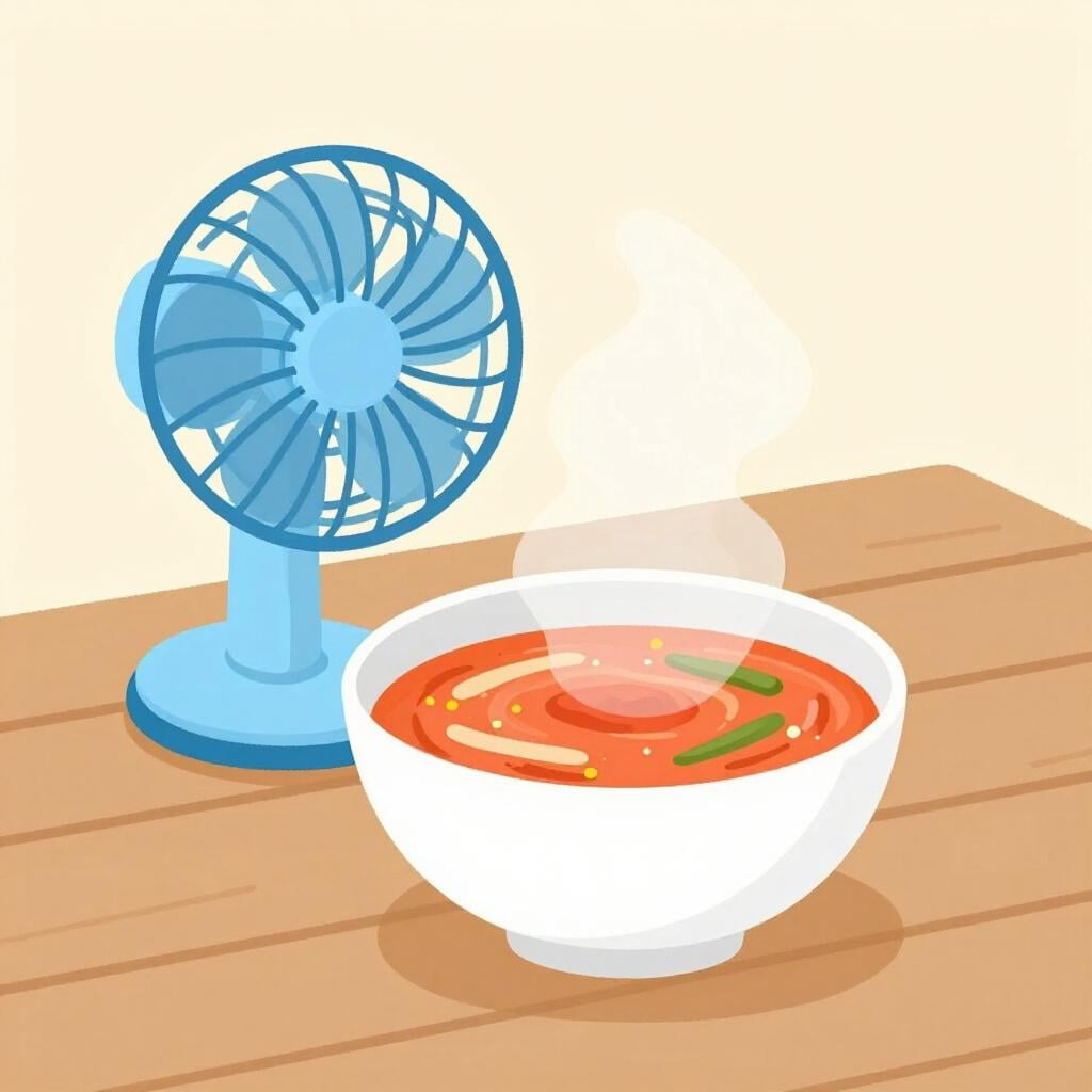 Een dampende kom soep op tafel met een kleine blauwe elektrische ventilator die er lucht op blaast om de temperatuur te verlagen.