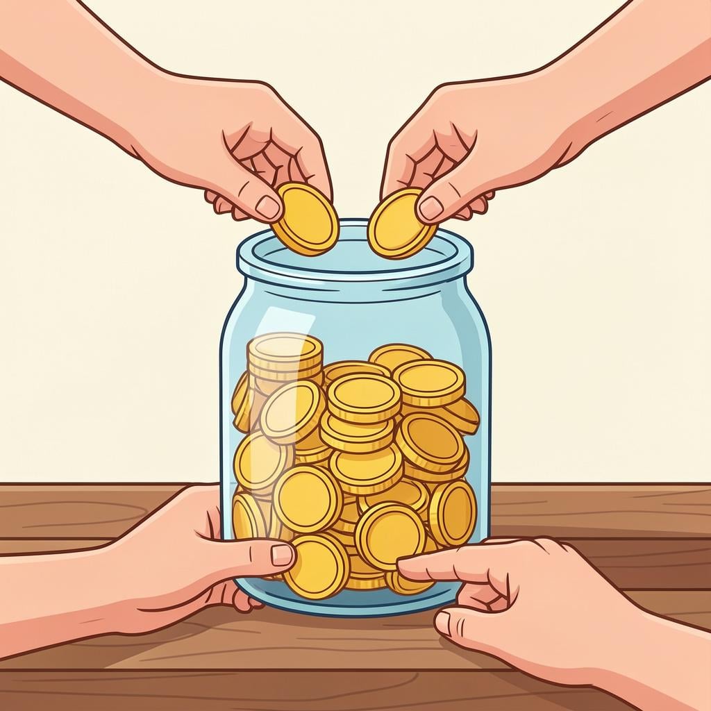 A group of hands placing small gold coins into a shared glass jar.