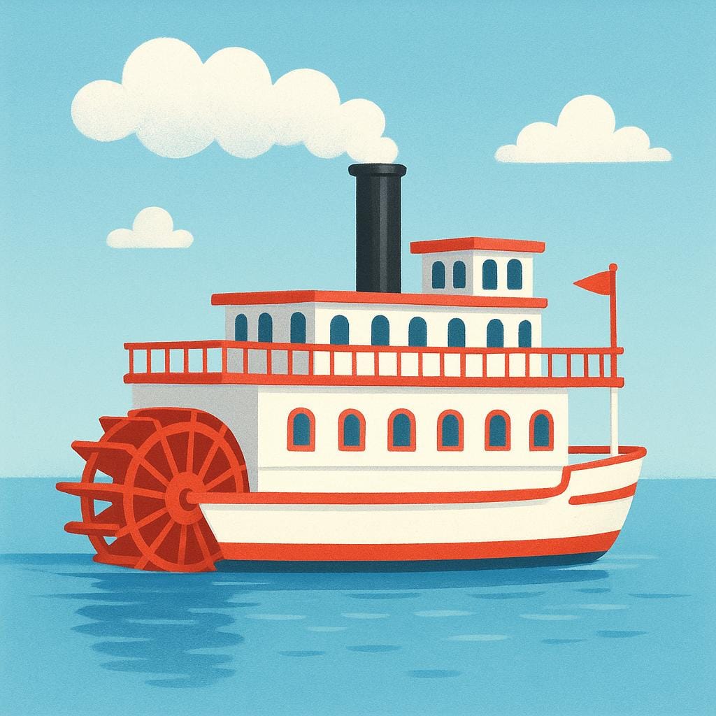 Een klassieke schoepenrad-stoomschip dat op een rustige rivier vaart, met hoge schoorstenen en een groot schoepenrad aan de achtersteven.
