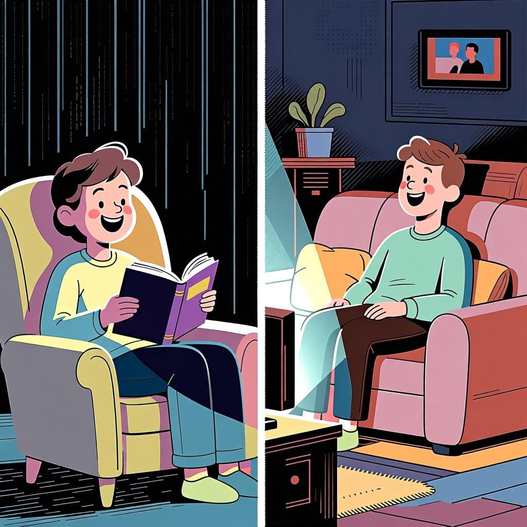 Een gesplitste afbeelding waarop een persoon aan de ene kant een boek leest en aan de andere kant tv kijkt, wat een 'of... of...' keuze illustreert.