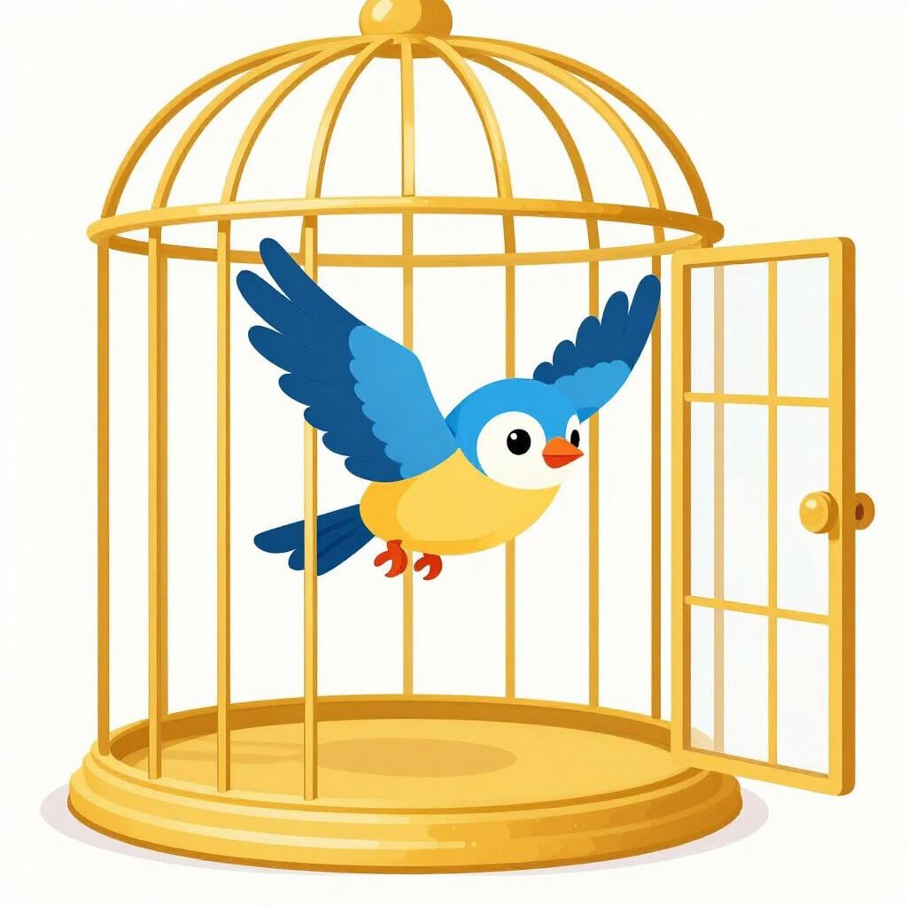 A small bird flying out of a cage the moment the door is opened.