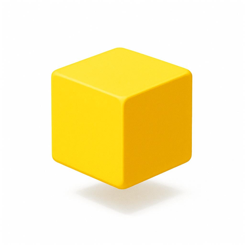 A perfectly formed yellow three-dimensional geometric cube floating in a plain setting.