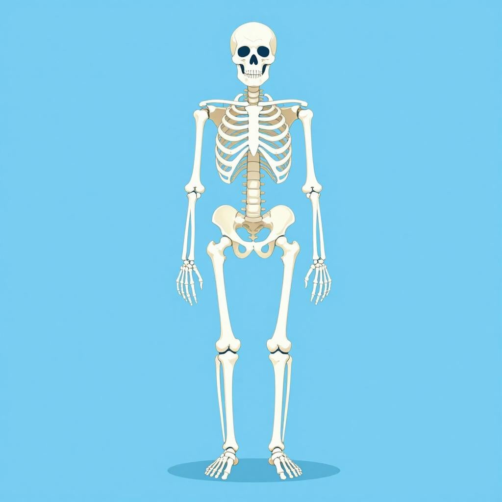 A complete human skeleton standing upright against a plain blue background.