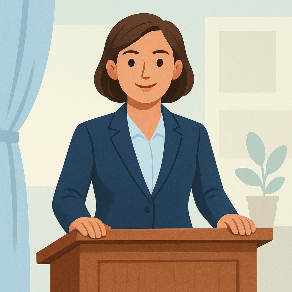 A confident woman wearing a professional suit stands behind a wooden podium, illustrating a female head of state or government.